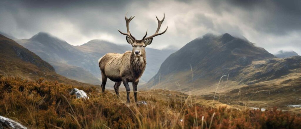 A Red Deer Stag in the rugged landscape of Wester Ross during the autumn rut.