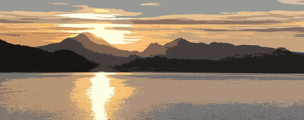 A stylized sunset view over Loch Gairloch, showing the silhouettes of the Torridon mountains reflecting in the golden water.